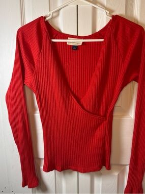 Universal Thread Red Ribbed Wrap-Front Long Sleeve Top